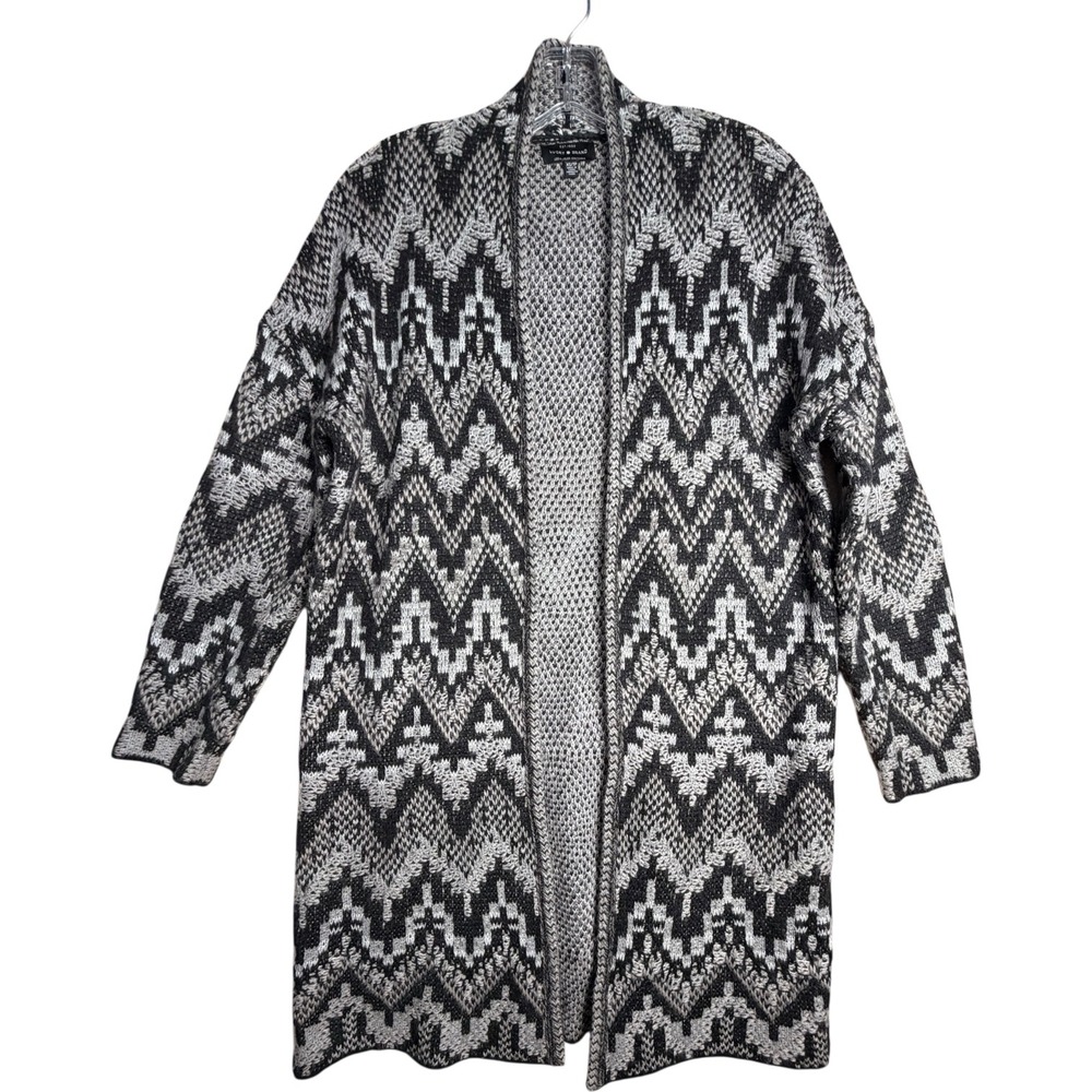 Lucky Brand Aztec Long Cardigan XS Black Gray Wool Blend Open Front Boho Sweater